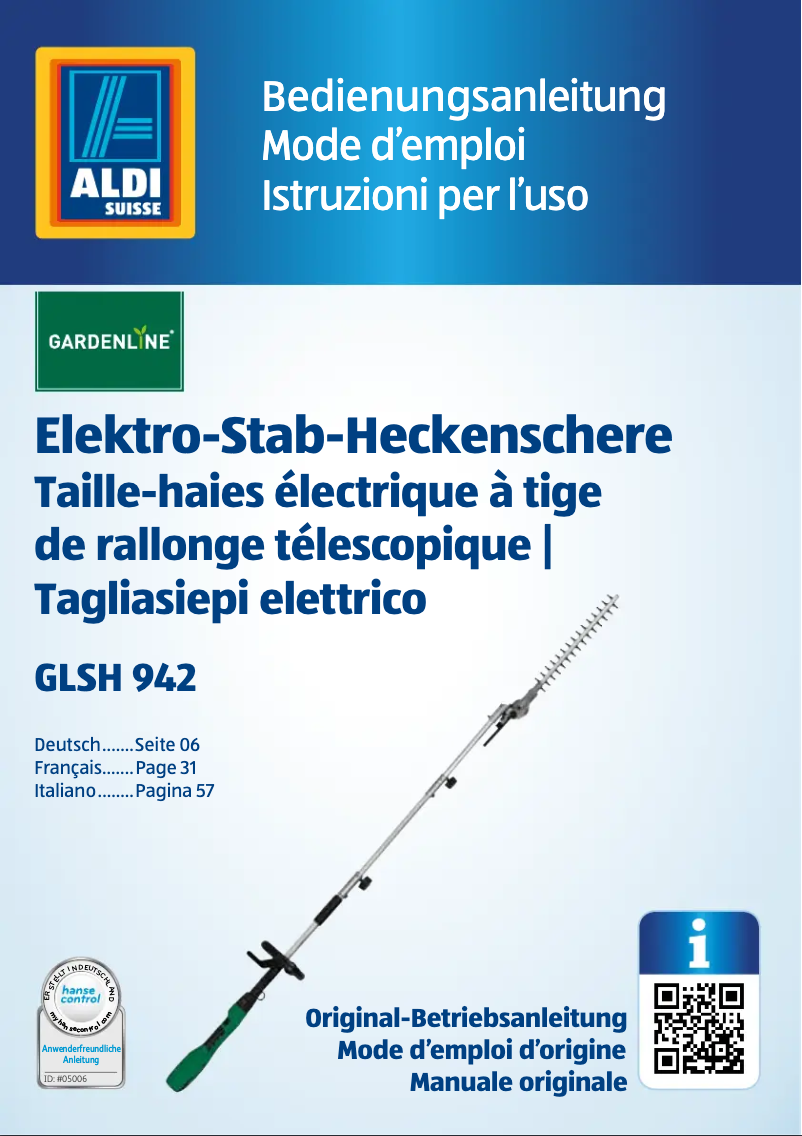 Page 1 de la notice Manuel utilisateur Gardenline GLSH 942