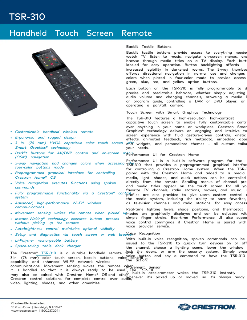 Page 1 de la notice Fiche technique Crestron TSR-310