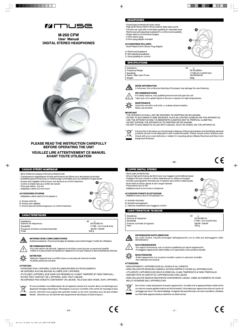 Page 1 de la notice Manuel utilisateur Muse M-250 CFW