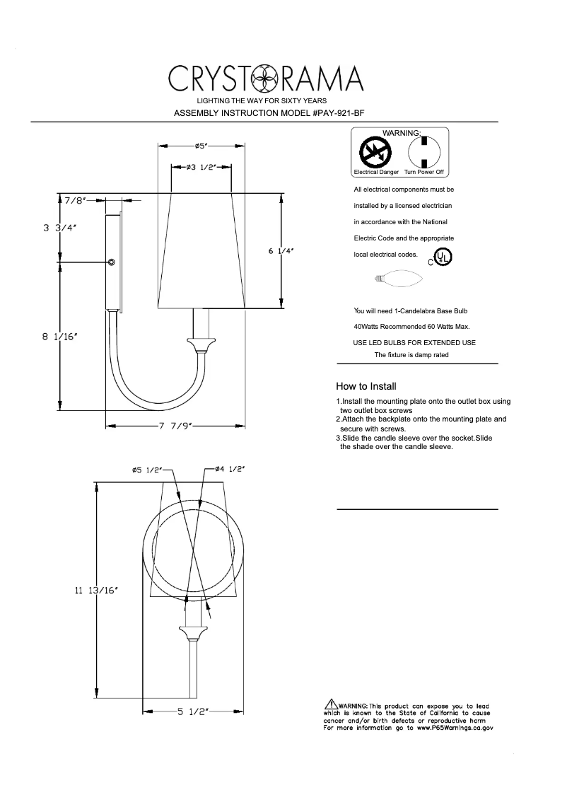 Page 1 of the manual User Manual Crystorama Payton PAY-921-BF