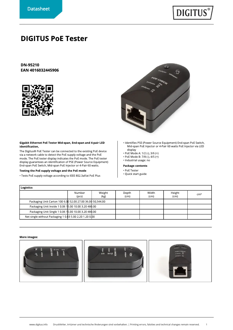 Page 1 of the manual Technical Sheet Digitus DN-95210