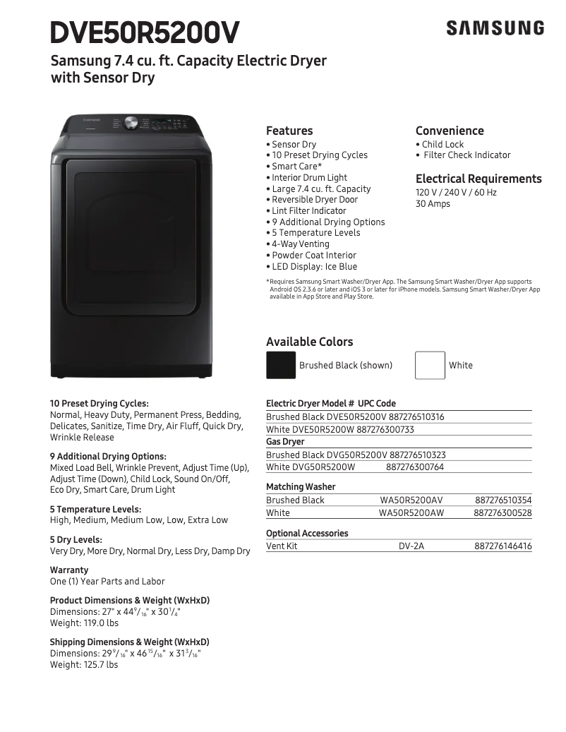 Page 1 of the manual Technical Sheet Samsung DVE50R5200V