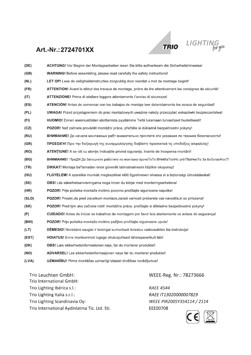 Page 1 of the manual User Manual Trio Lighting Calcio 272470108