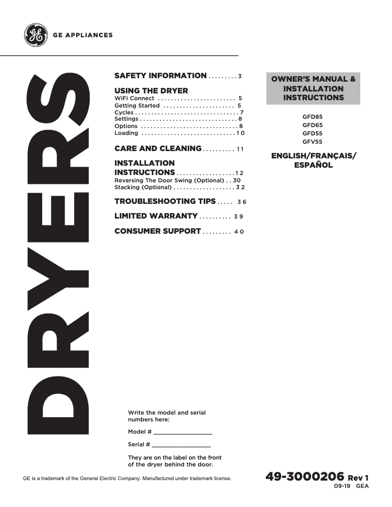 Page 1 of the manual User Manual GE GFD65ESPNSN