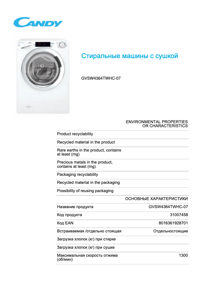 First page image of the manual for GVSW4364TWHC-07