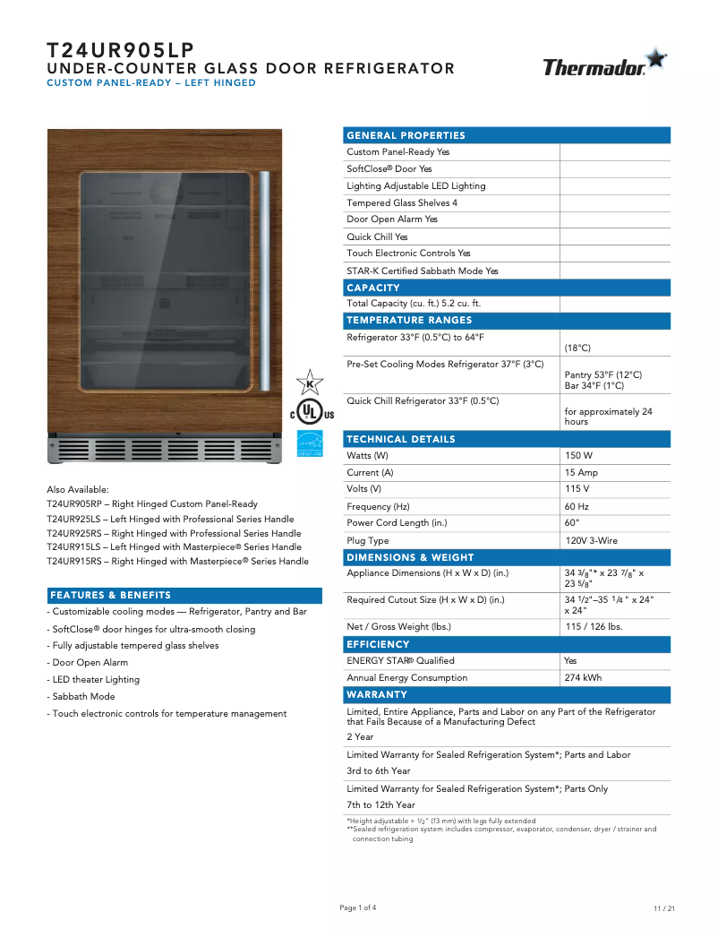Page 1 of the manual Technical Sheet Thermador T24UR905LP