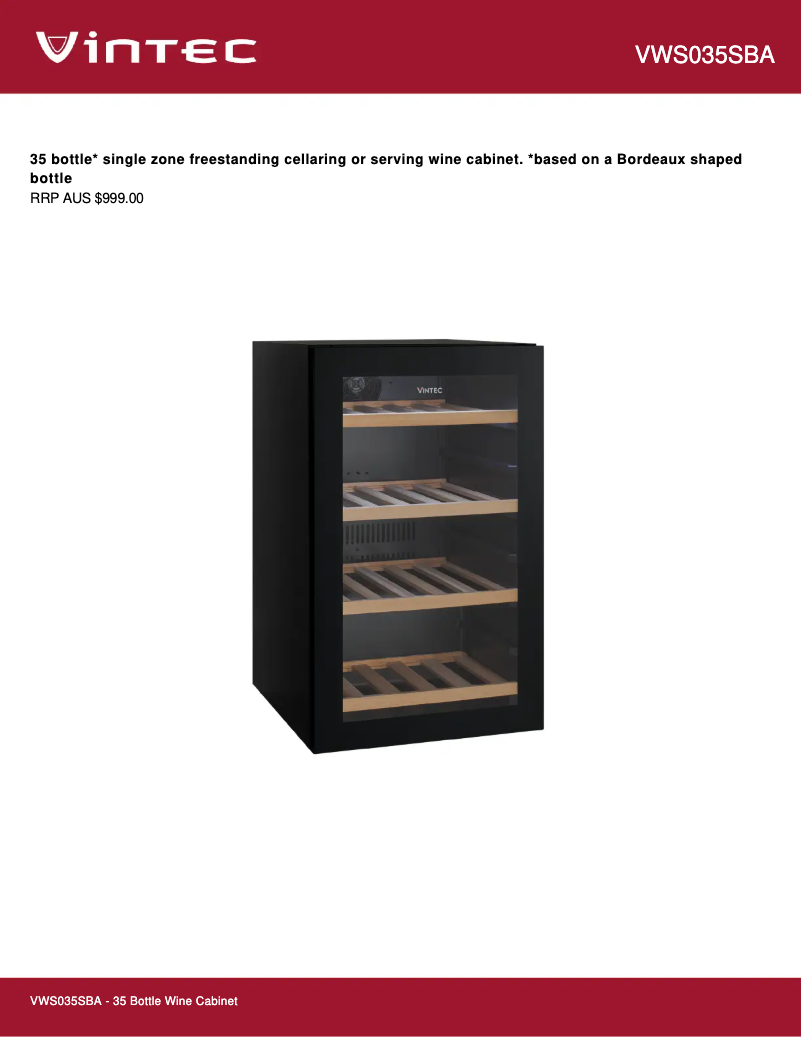 Page 1 of the manual Technical Sheet Vintec VWS035SBA