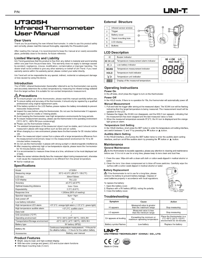 First page image of the manual for UT305H