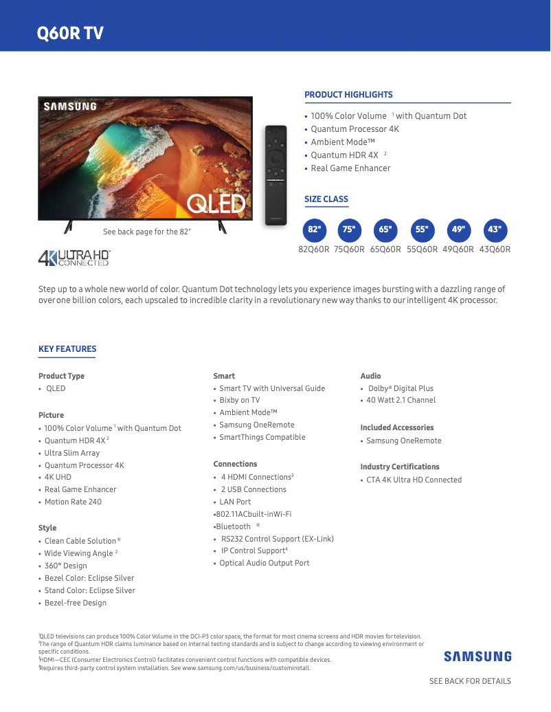 First page image of the manual for QN82Q60RAFXZA