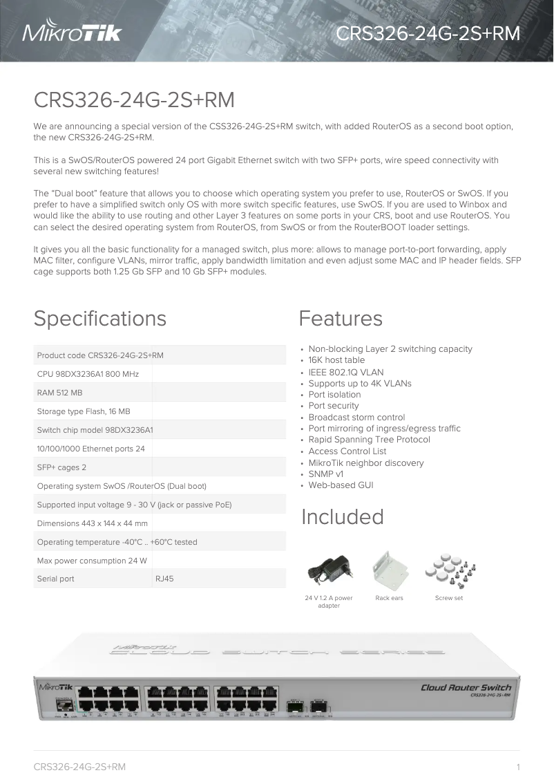 Page 1 of the manual Brochure Mikrotik CRS326-24G-2S+RM