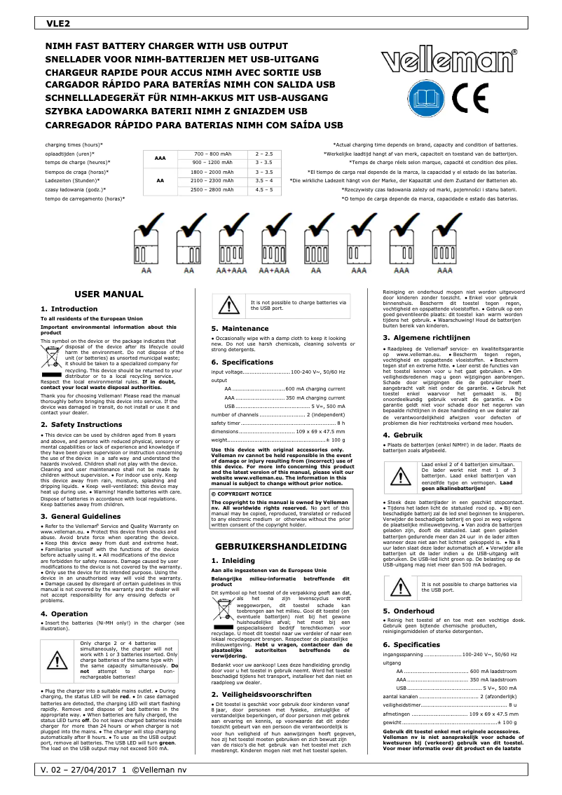 Page 1 of the manual User Manual Velleman VLE2
