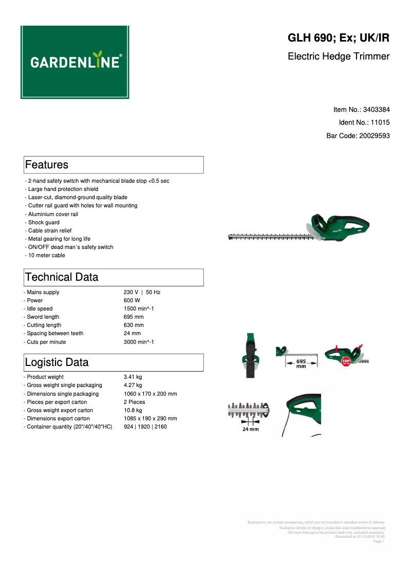 Page 1 of the manual Technical Sheet Gardenline GLH 690