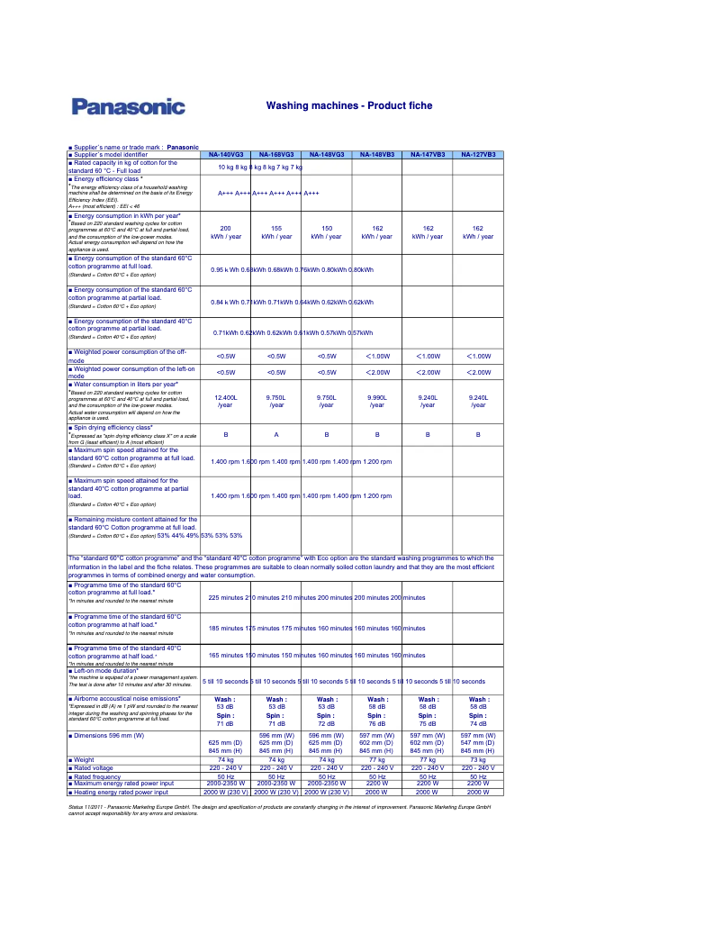 Page 1 of the manual Technical Sheet Panasonic NA-127VB3