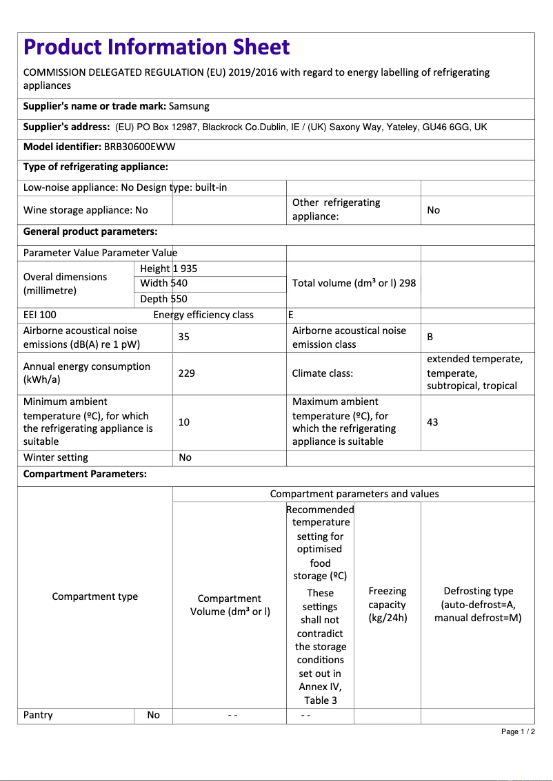 Page 1 of the manual Technical Sheet Samsung BRB30600EWW