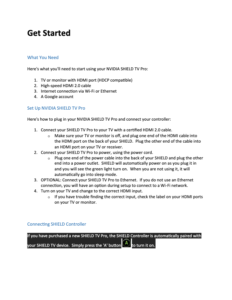 First page image of the manual for Shield TV