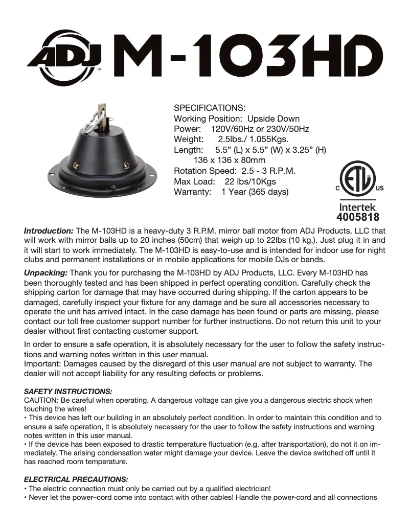 Page 1 of the manual User Manual American DJ M-103HD