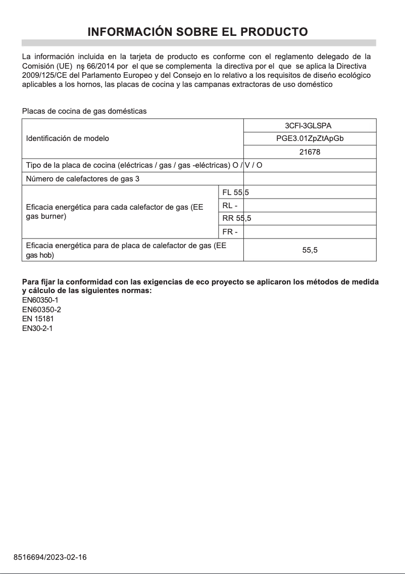 Page 1 of the manual Technical Sheet Fagor 3CFI-3GLSPA