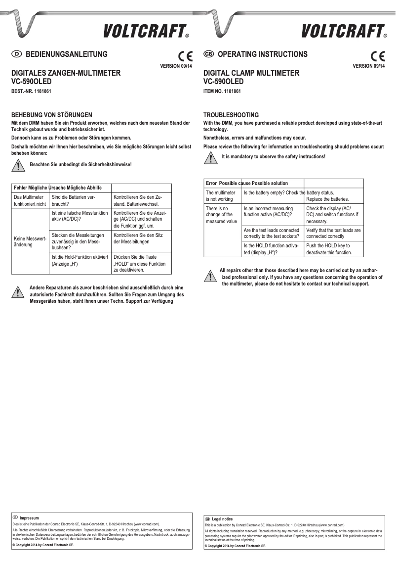 First page image of the manual for VC-590OLED