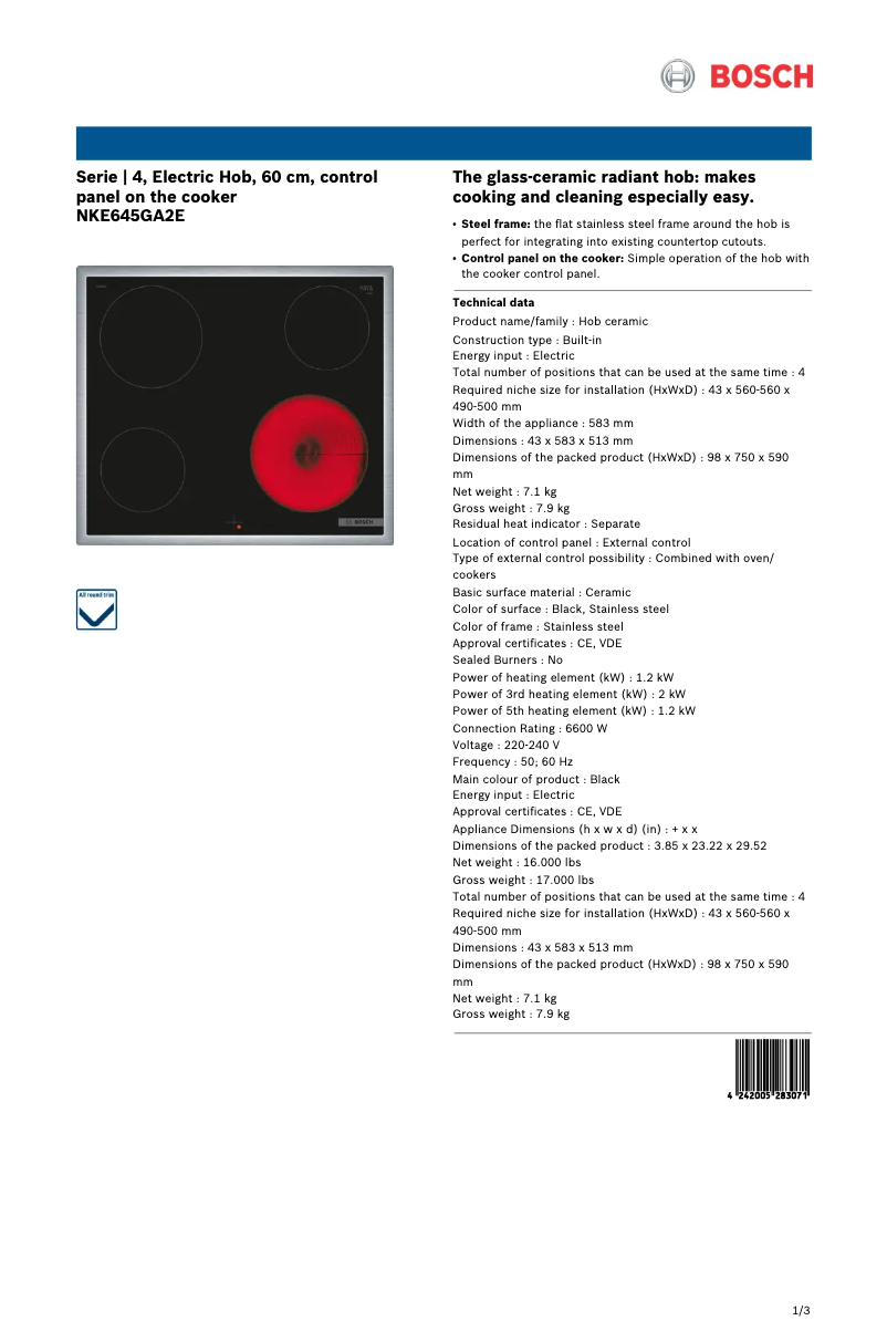 Page 1 of the manual Technical Sheet Bosch NKE645GA2E