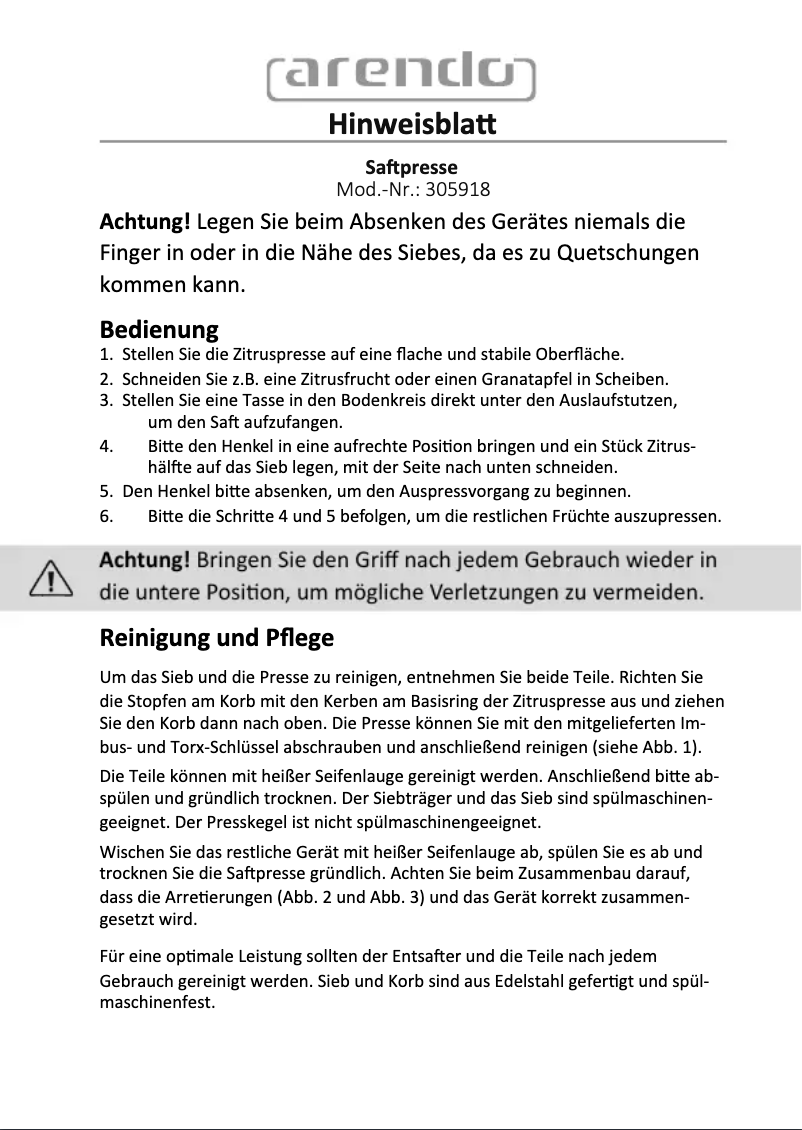 Page 1 of the manual User Manual Arendo 305918