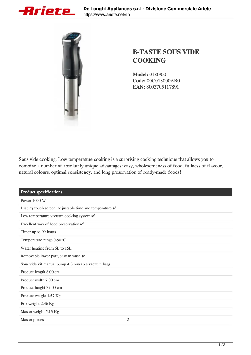 Page 1 of the manual Technical Sheet Ariete B-taste Sous Vide 180