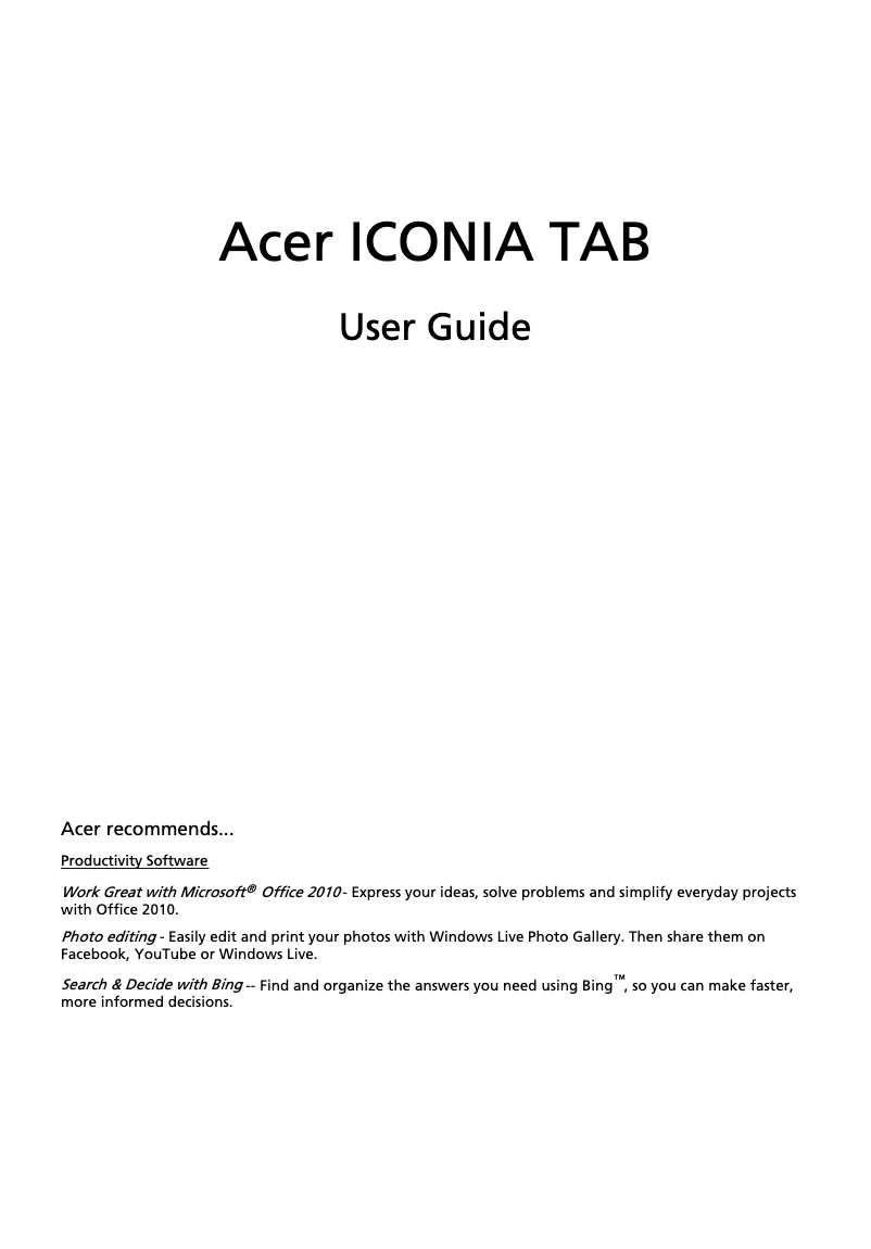 First page image of the manual for Iconia W500