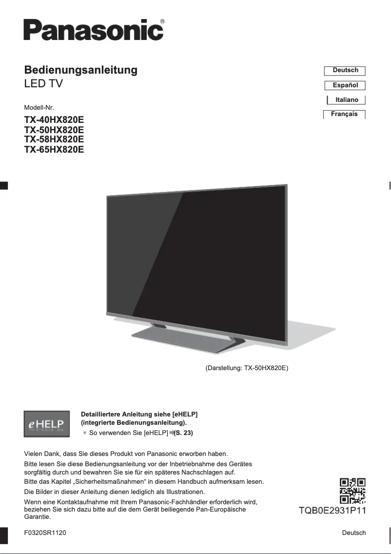 Page 1 of the manual Quick Start Guide Panasonic TX-40HX820E