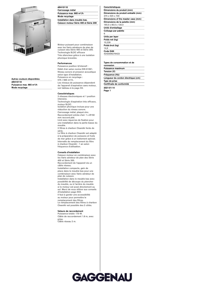 Page 1 of the manual Technical Sheet Gaggenau AR410110