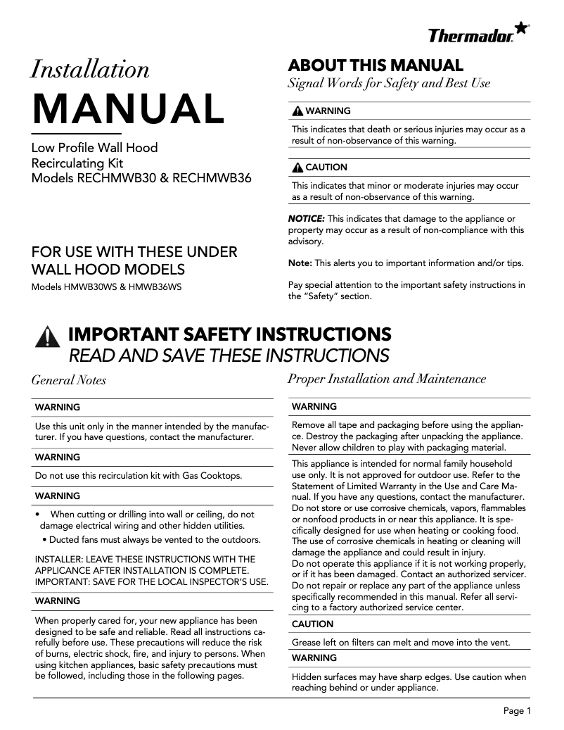 Page 1 of the manual Installation Guide Thermador RECHMWB30