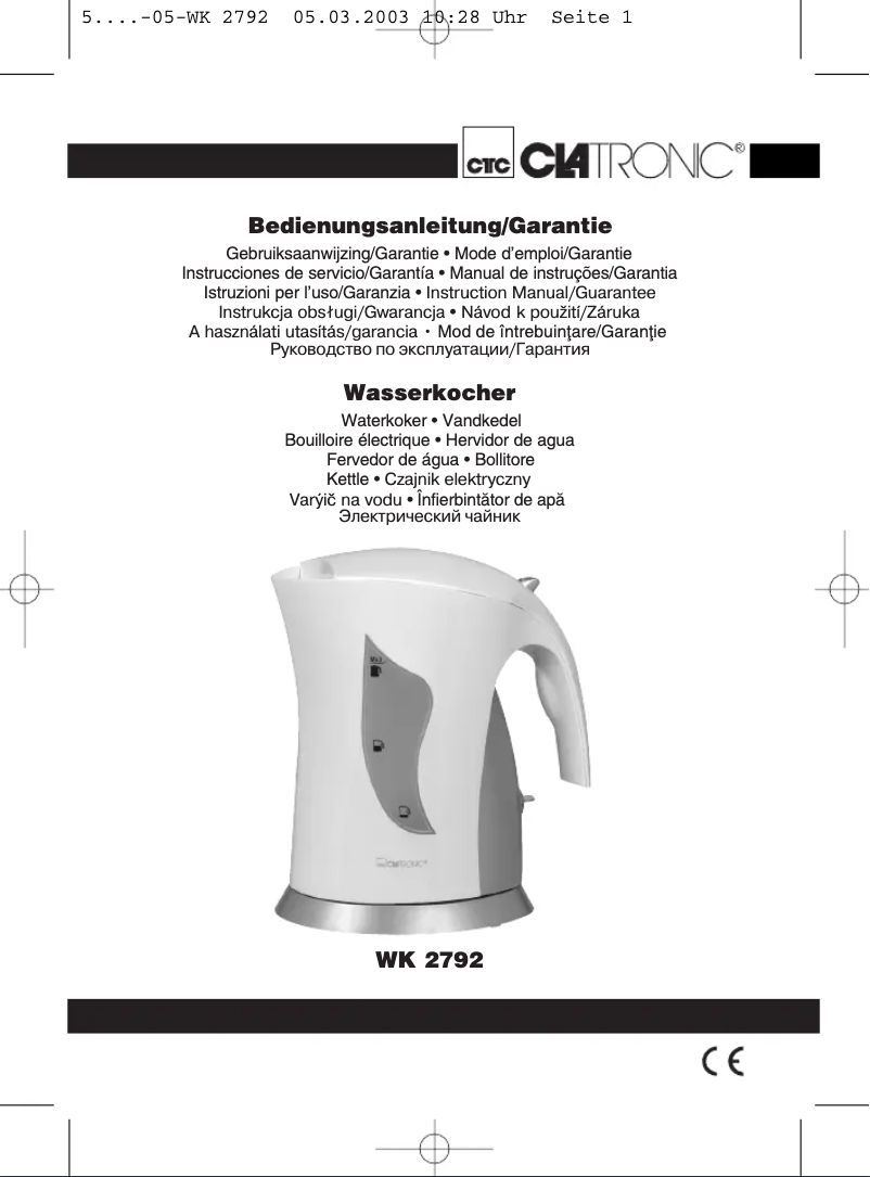 Page 1 of the manual User Manual Clatronic WK 2792