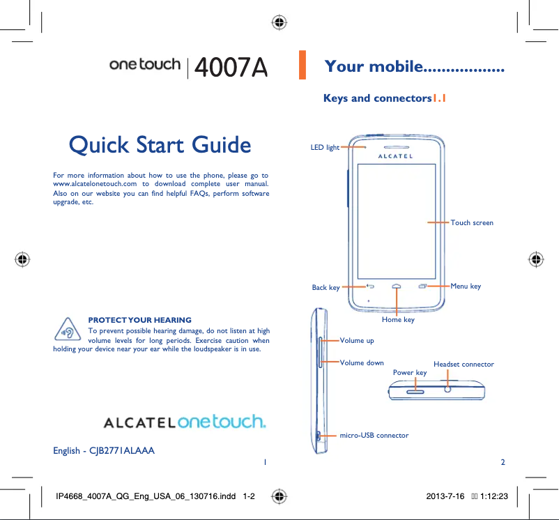 First page image of the manual for One Touch 4007A