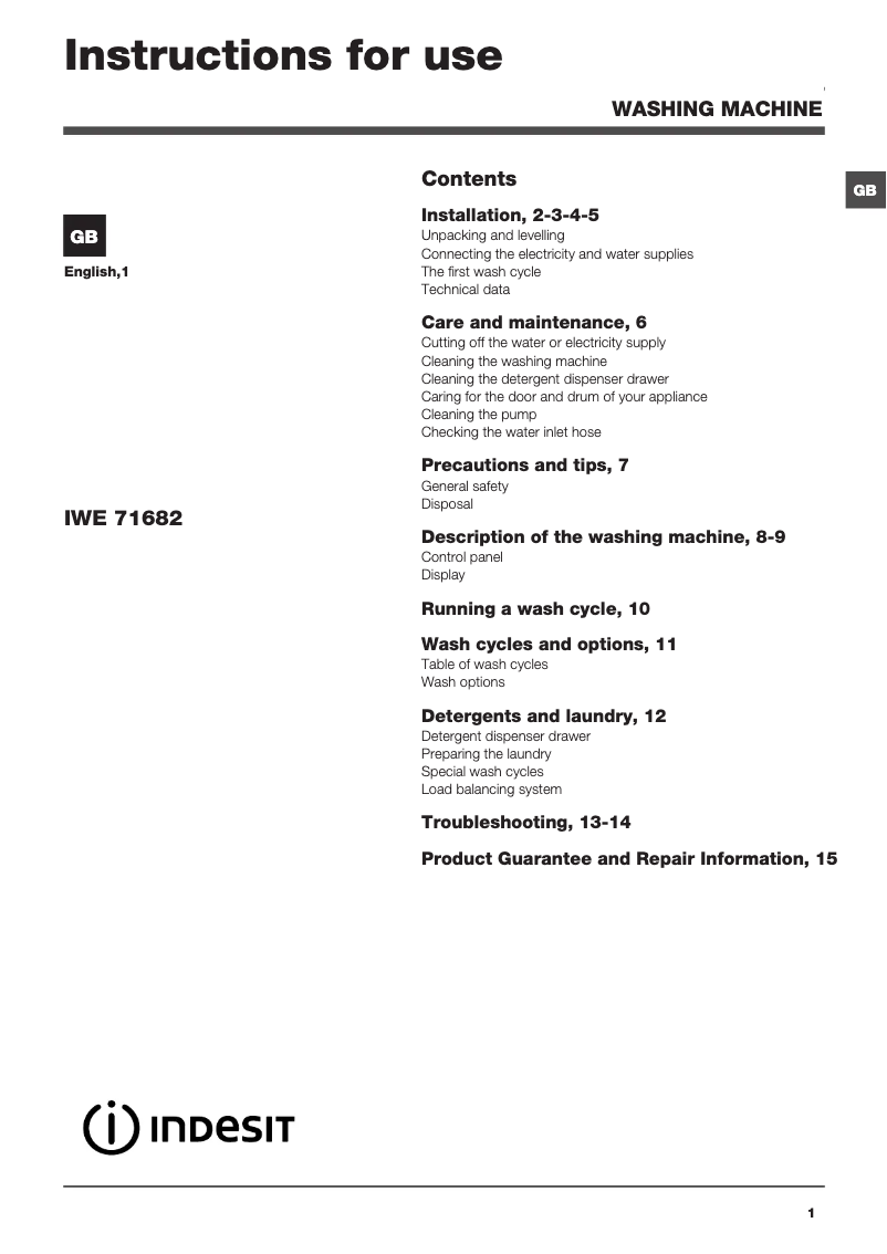 Page 1 of the manual Instruction Manual Indesit IWE 71682W ECO UK