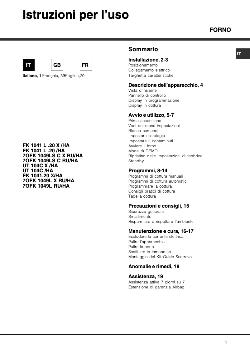 First page image of the manual for FK 1041L .20 X/HA