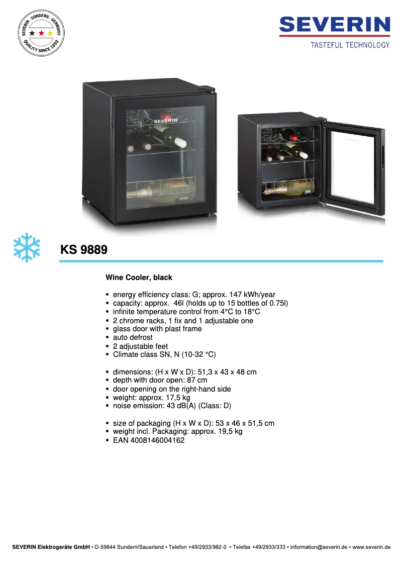Page 1 of the manual Technical Sheet Severin KS 9889