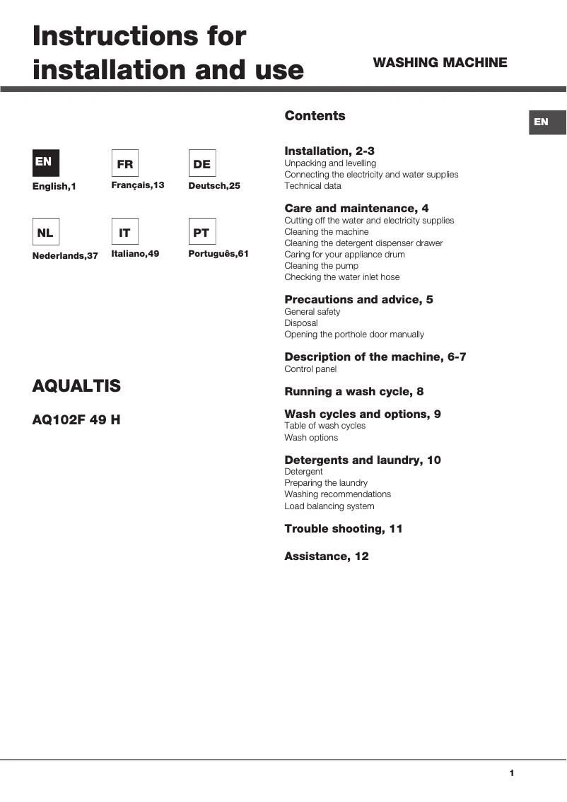 First page image of the manual for Aqualtis AQ102F 49H EU