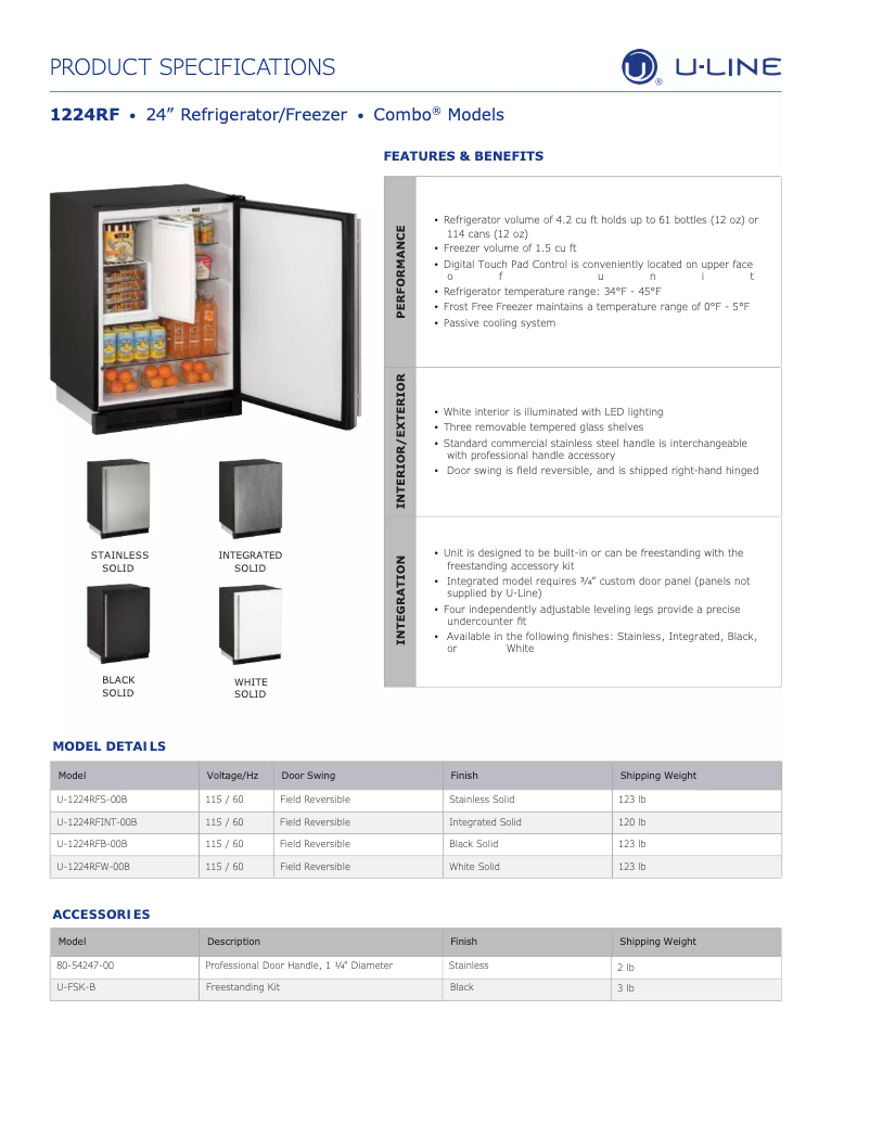 Page 1 of the manual Technical Sheet U-Line U-1224RFW-00B