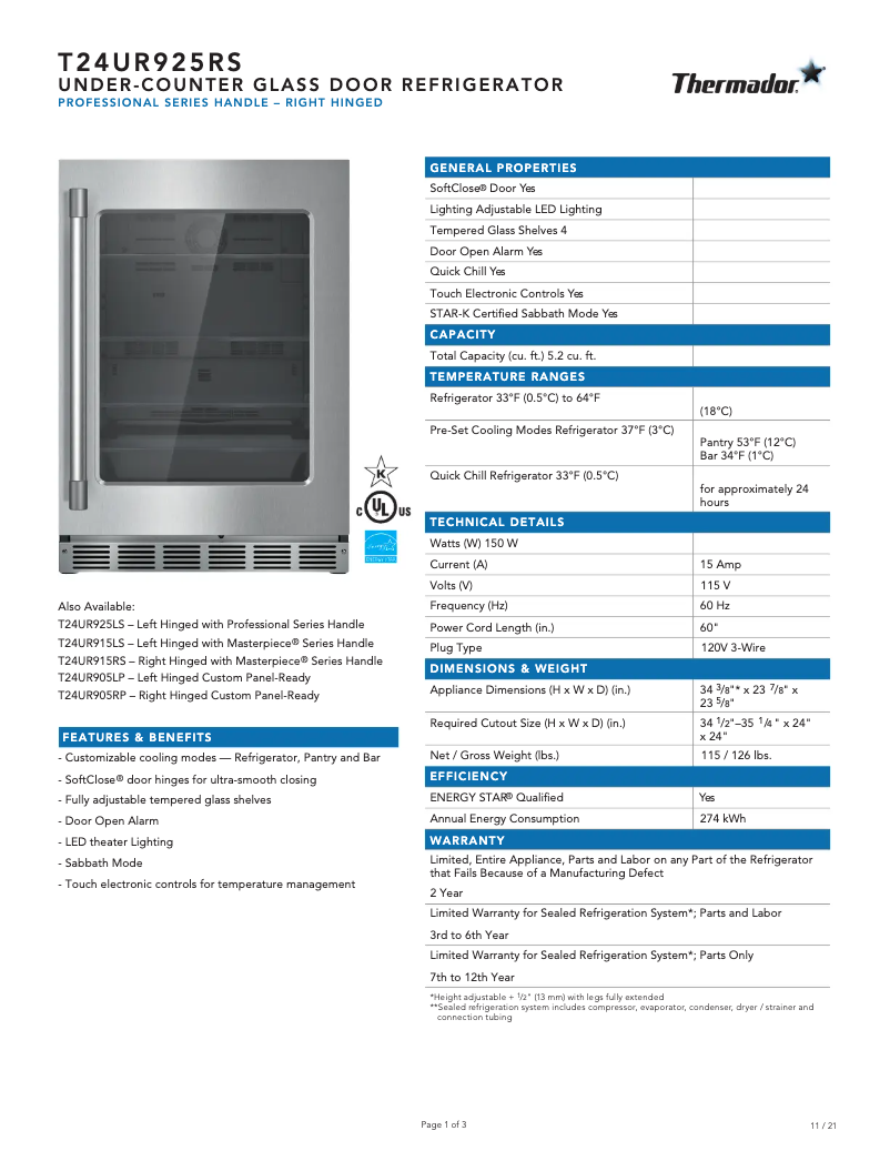Page 1 of the manual Technical Sheet Thermador T24UR925RS