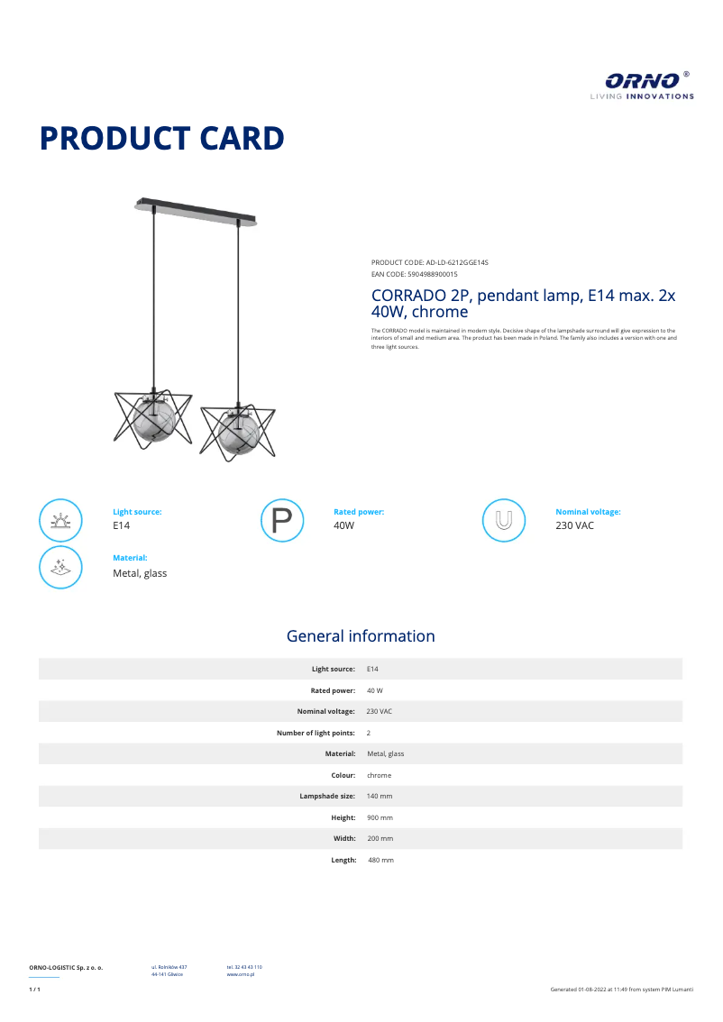 Page 1 of the manual Technical Sheet Adviti AD-LD-6212GGE14S