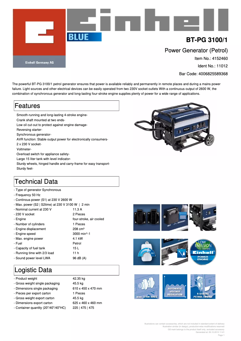 Page 1 of the manual Technical Sheet Einhell BT-PG 3100/1