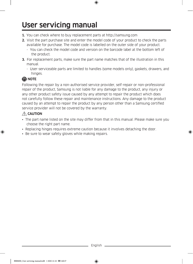 Page 1 of the manual User Manual Samsung BRB2N615FWW