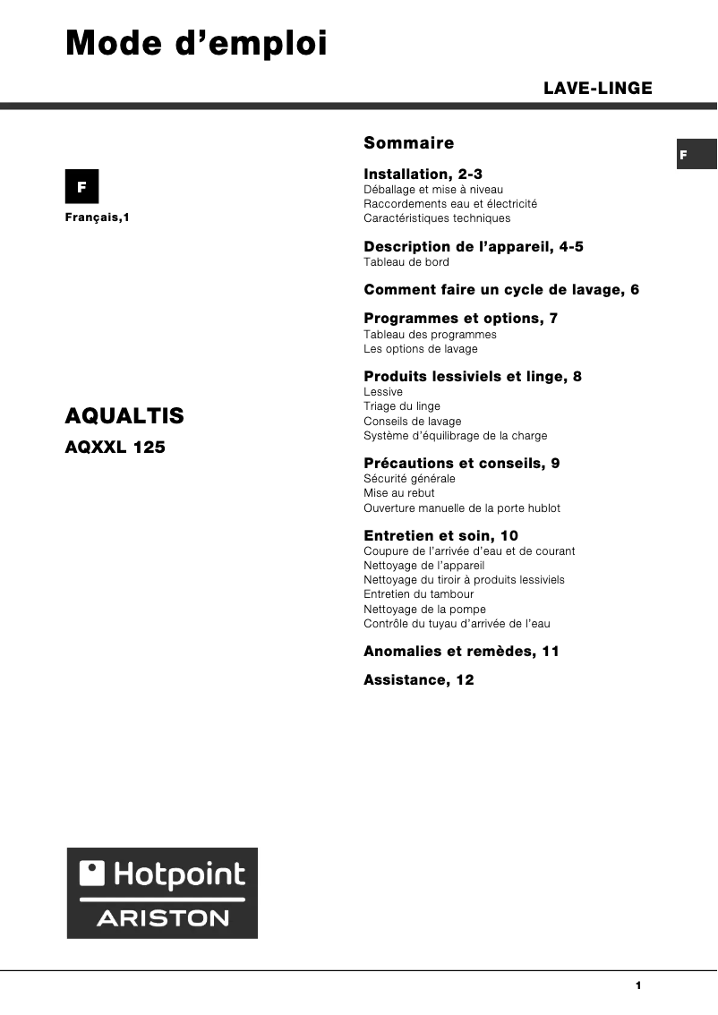 Page 1 of the manual User Manual Hotpoint Ariston Aqualtis AQXXL 125