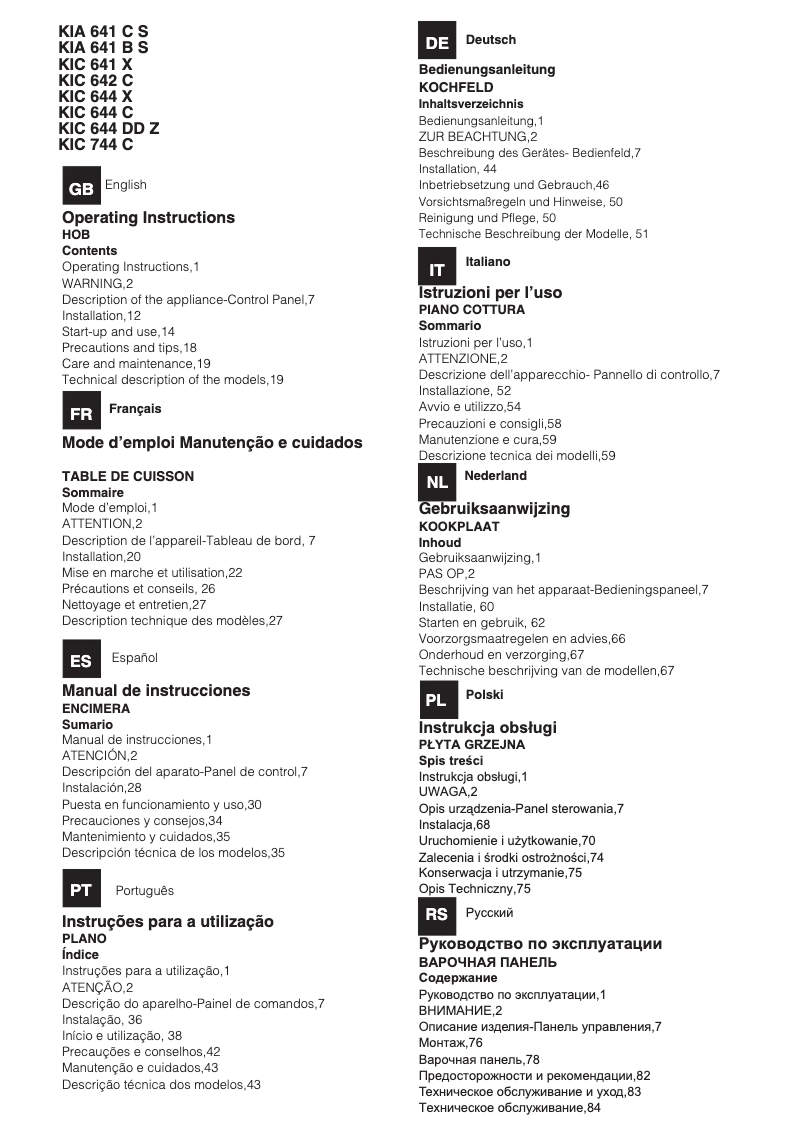 First page image of the manual for KIC 644 DD Z