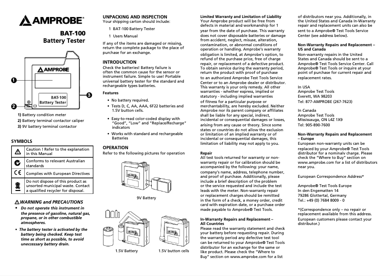 First page image of the manual for BAT-100