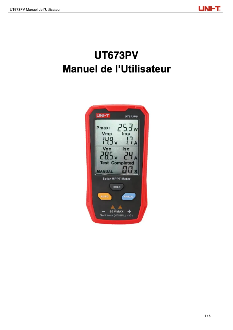 Page 1 de la notice Manuel utilisateur Uni-T UT673PV