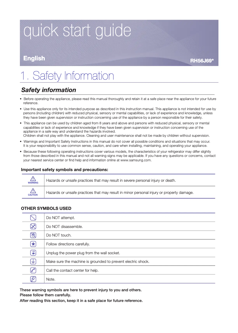 Page 1 of the manual Installation Guide Samsung RH56J6917SLA