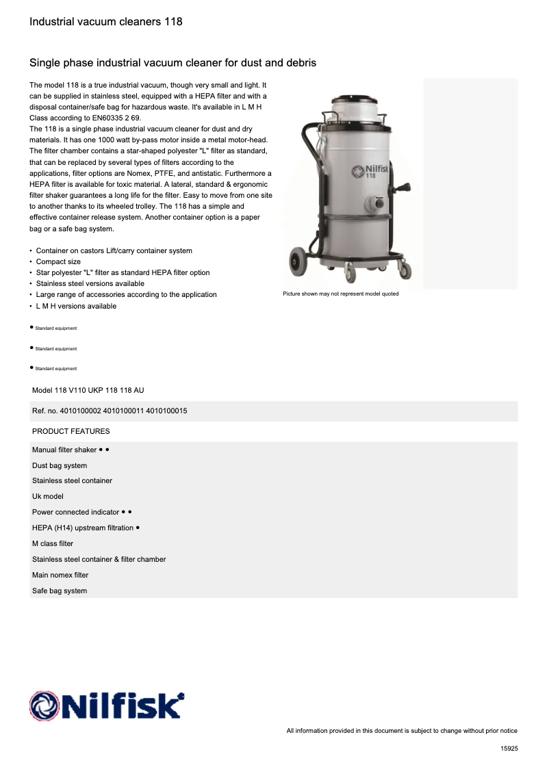 Page 1 of the manual Technical Sheet Nilfisk 118