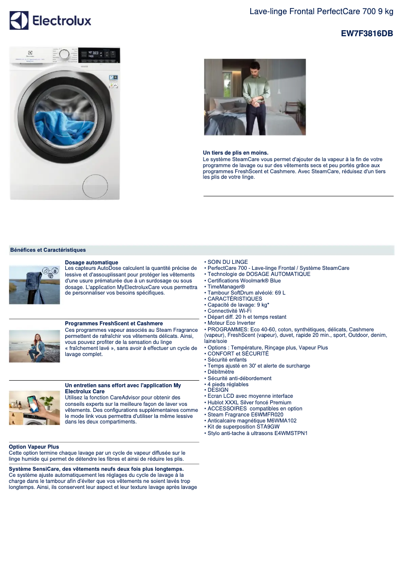 Page 1 of the manual Technical Sheet Electrolux EW7F3816DB