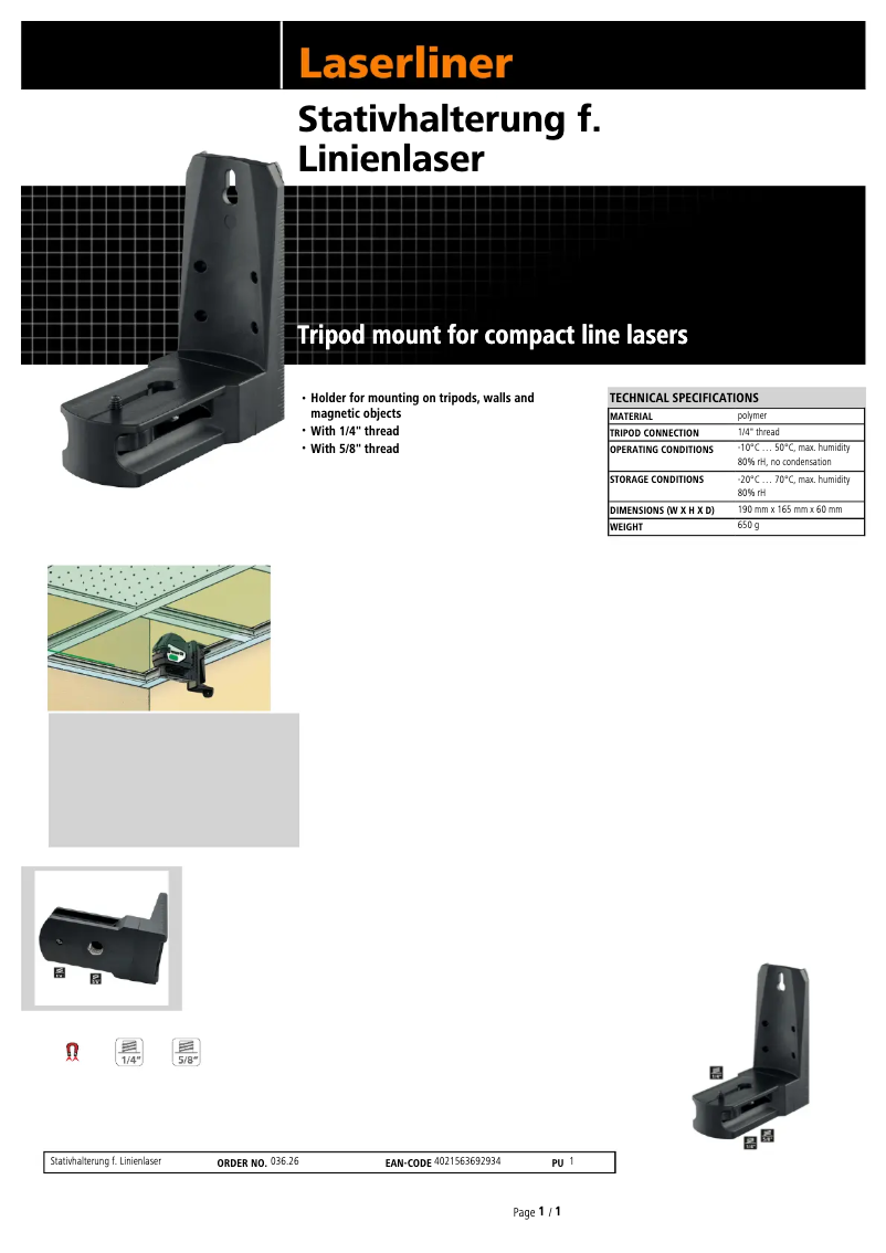 Page 1 of the manual Technical Sheet Laserliner Tripod Mount