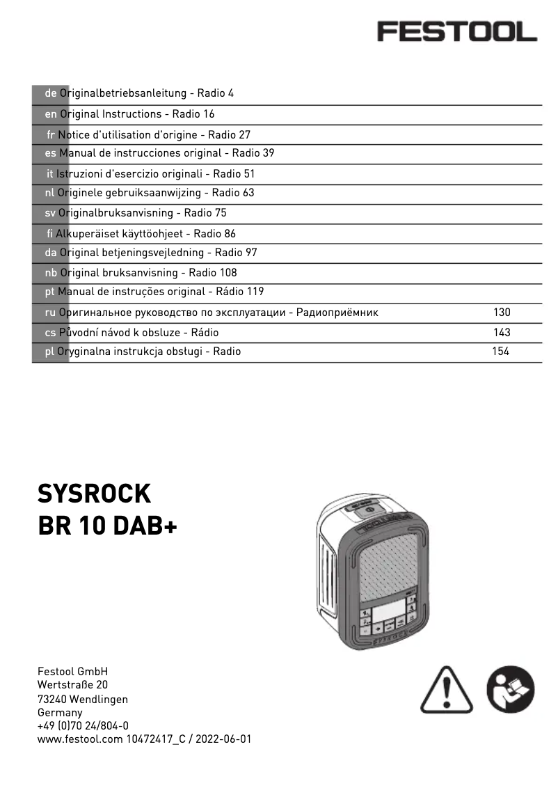 Page 1 of the manual User Manual Festool Sysrock BR 10