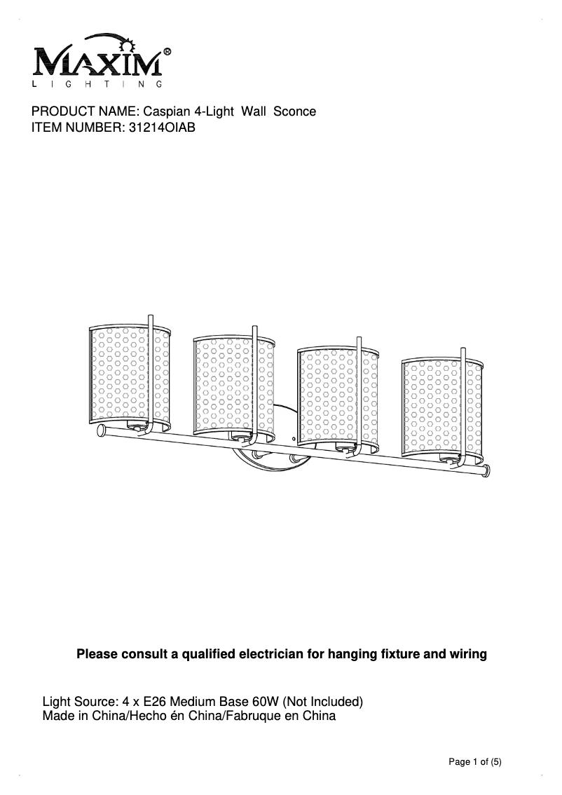 First page image of the manual for Caspian 31214OIAB